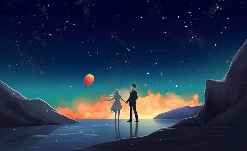 浪漫氛围极光下的情侣插画背景图,插画/手绘图,插画/手绘图库,插画/手绘图下载,插画/手绘
